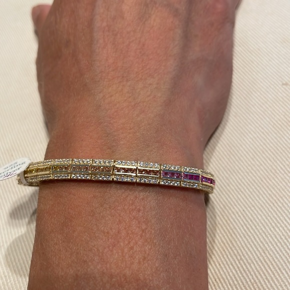 Multi color gems stones Sterling silver bracelet with yellow gold finish unisex - Picture 5 of 11